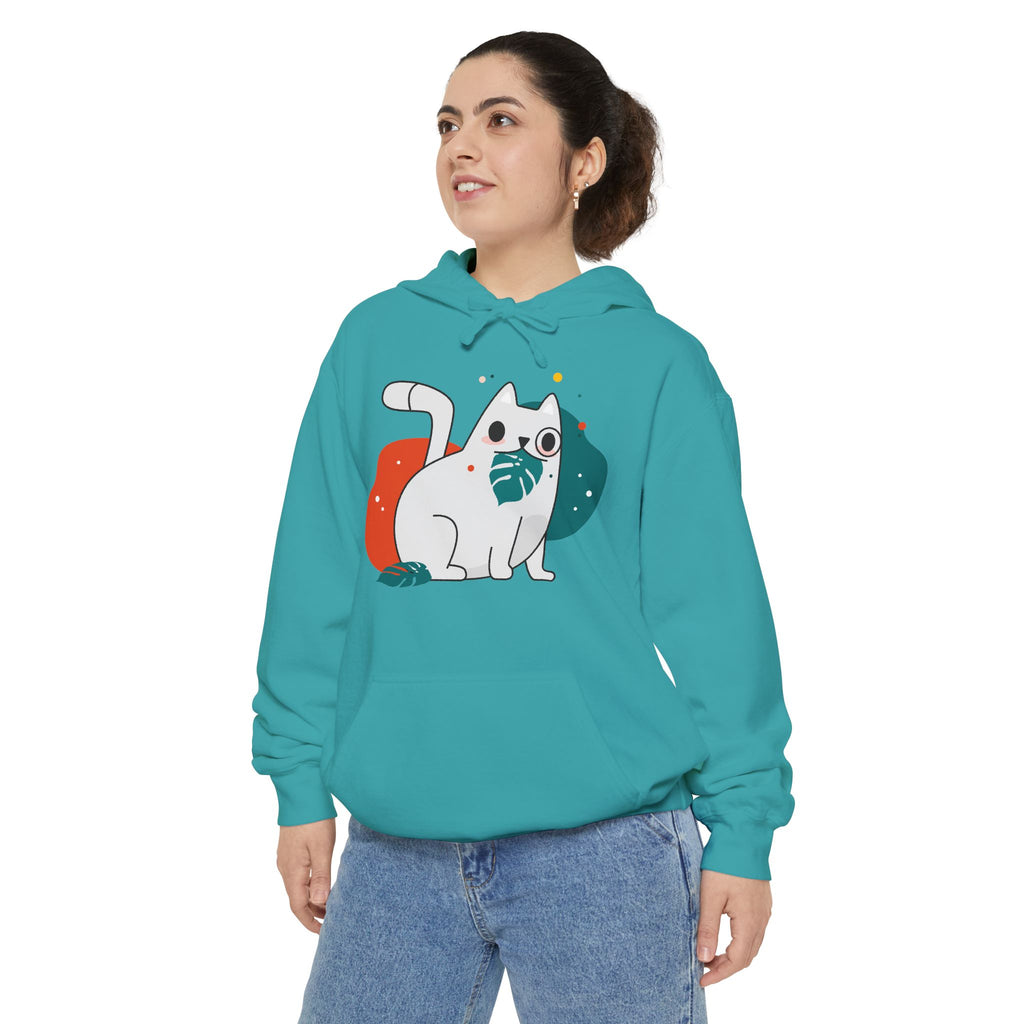 Cute Cat Graphic Hoodie — White Cat with Leaf Illustration
