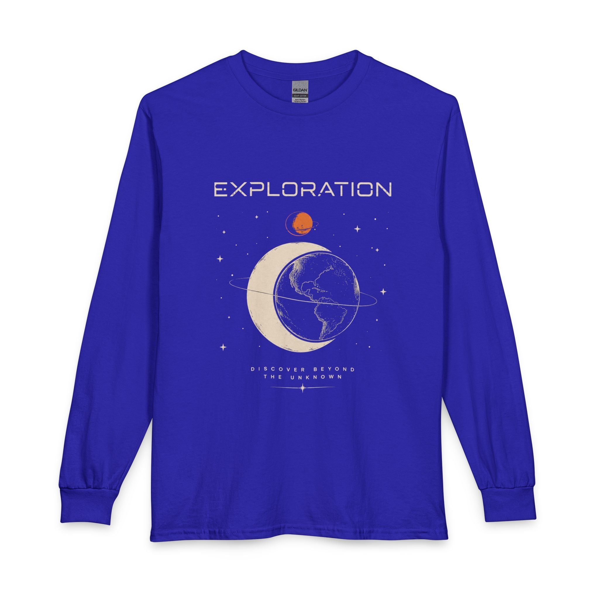 Exploration Moon & Earth Long Sleeve Tee — Retro Space Graphic