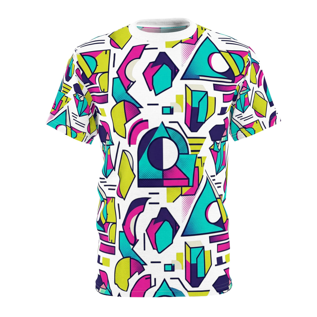 Geometric Retro Print Tee — Neon 80s All-Over Graphic T-Shirt
