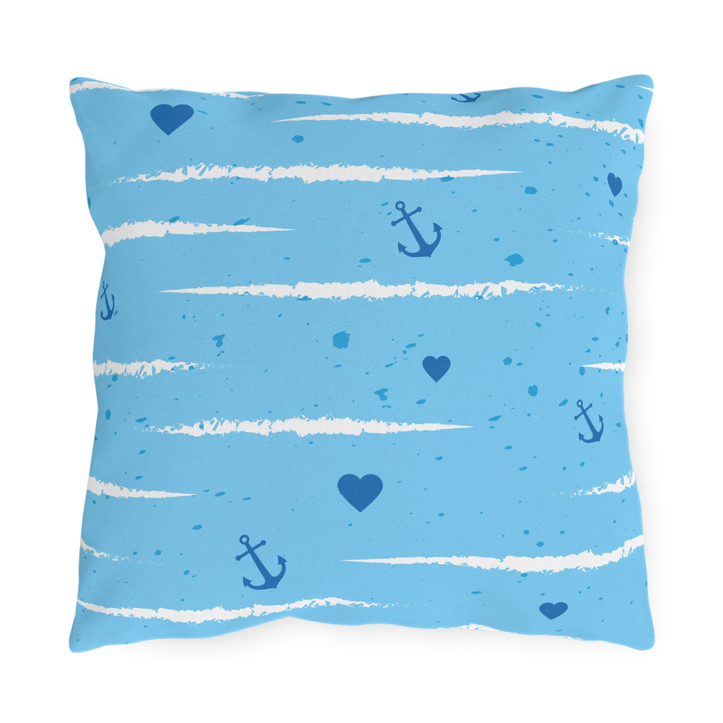 Nautical Anchor Pattern Outdoor Pillow — Blue Stripes & Hearts Patio Cushion