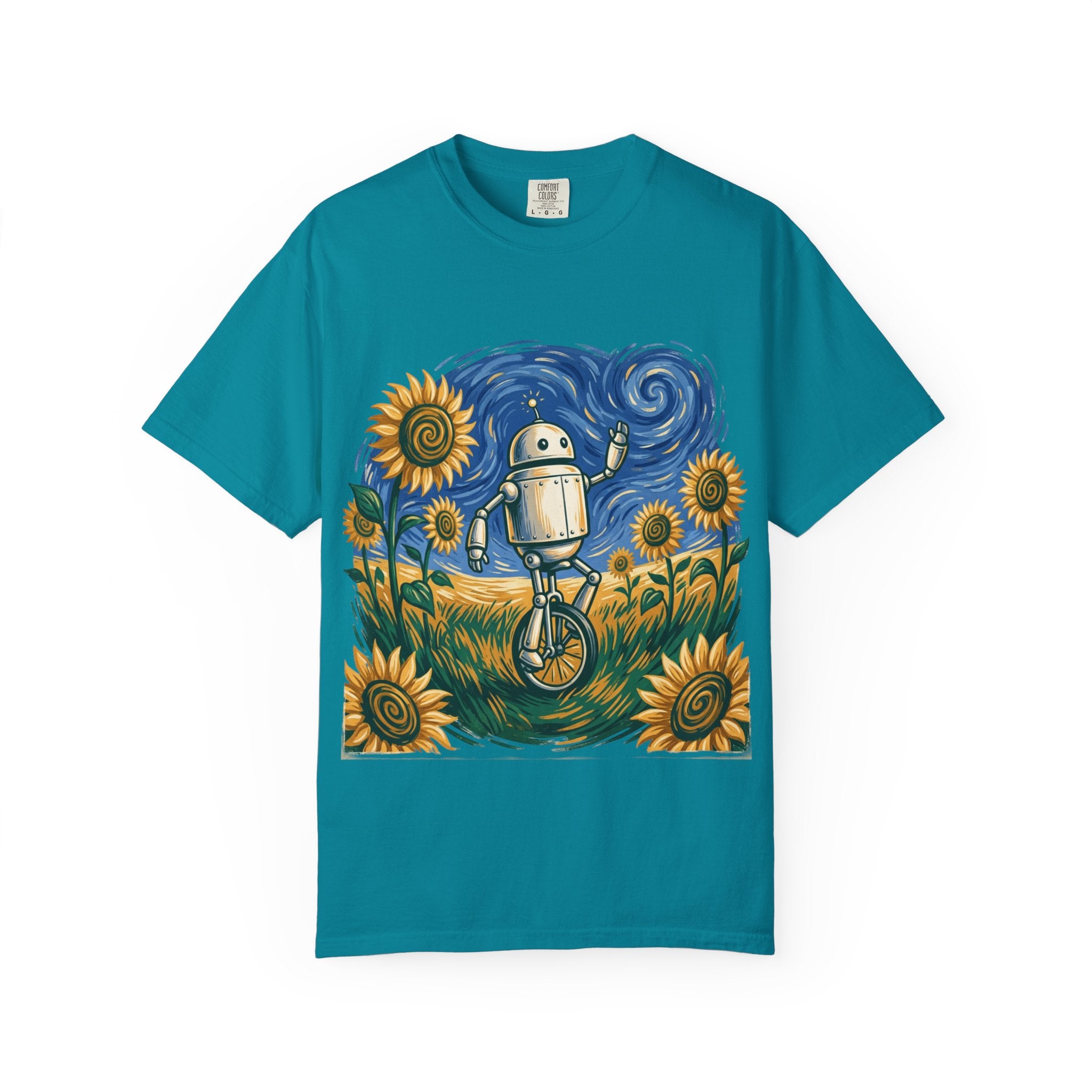 Robot Riding Unicycle Through Sunflowers T-Shirt