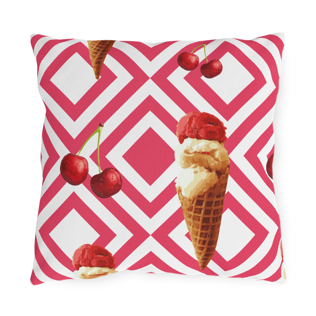 Cherry Ice Cream Cone Outdoor Pillow – Pink Geometric Summer Patio Cushion