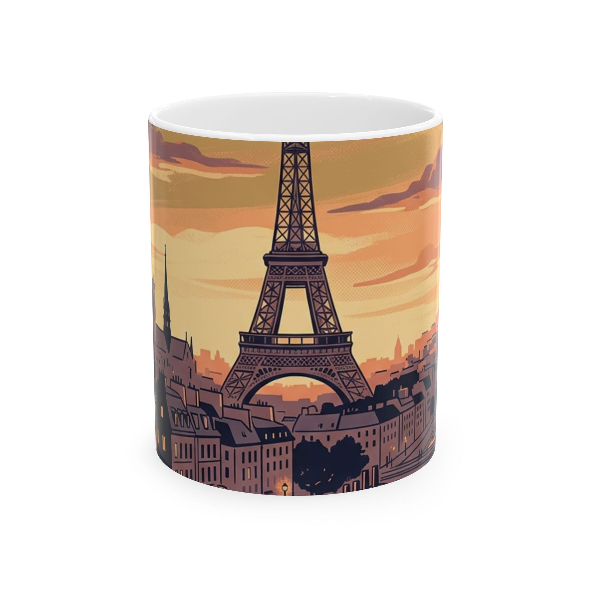 Paris Eiffel Tower Sunset Ceramic Mug — Vintage Cityscape Coffee Cup (11oz/15oz)