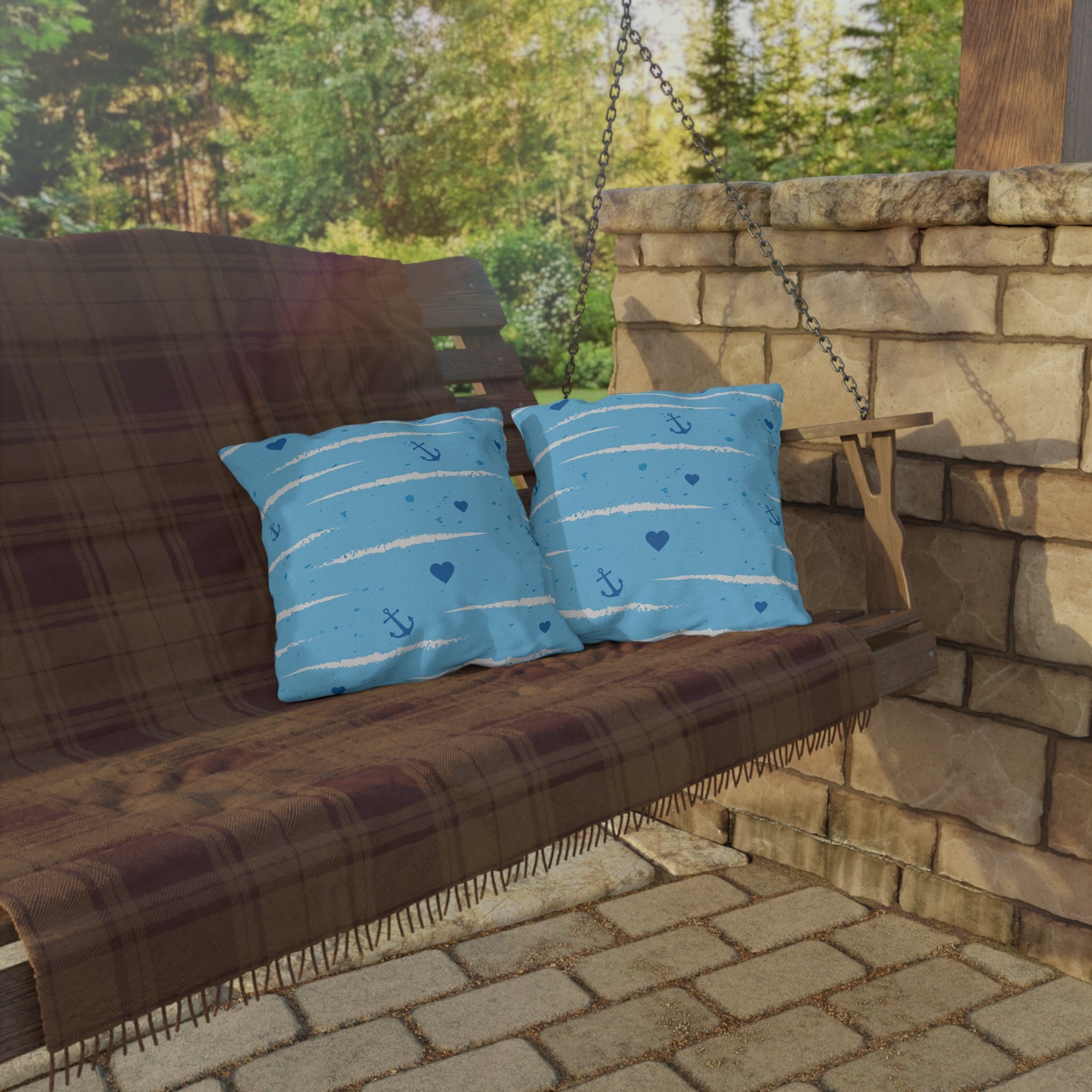 Nautical Anchor Pattern Outdoor Pillow — Blue Stripes & Hearts Patio Cushion