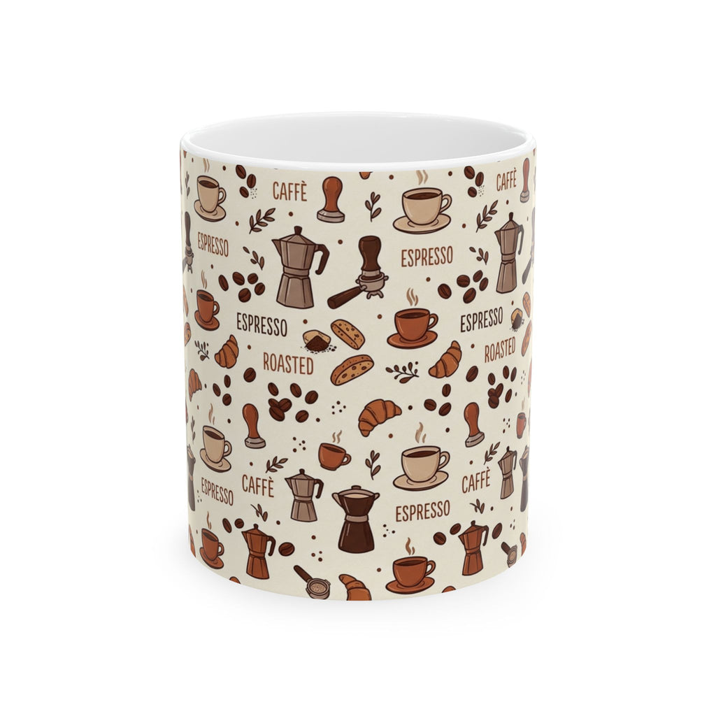 Coffee Pattern Mug — Espresso, Croissant & Roasted Beans Ceramic Coffee Cup (11oz/15oz)