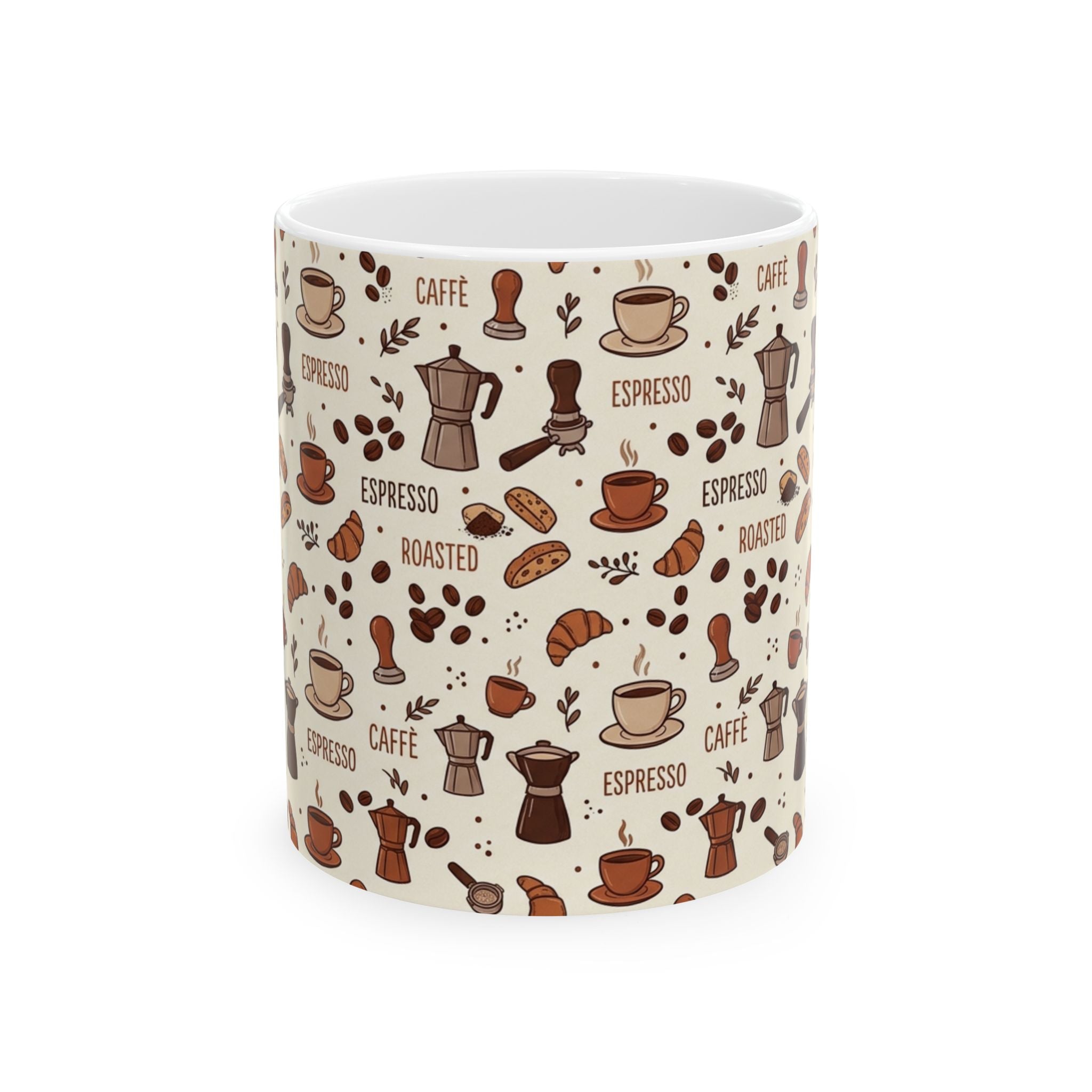 Coffee Pattern Mug — Espresso, Croissant & Roasted Beans Ceramic Coffee Cup (11oz/15oz)