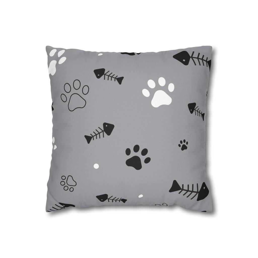 Cat Paw & Fishbone Decorative Pillowcase — Gray Throw Pillow Cover for Cat Lovers