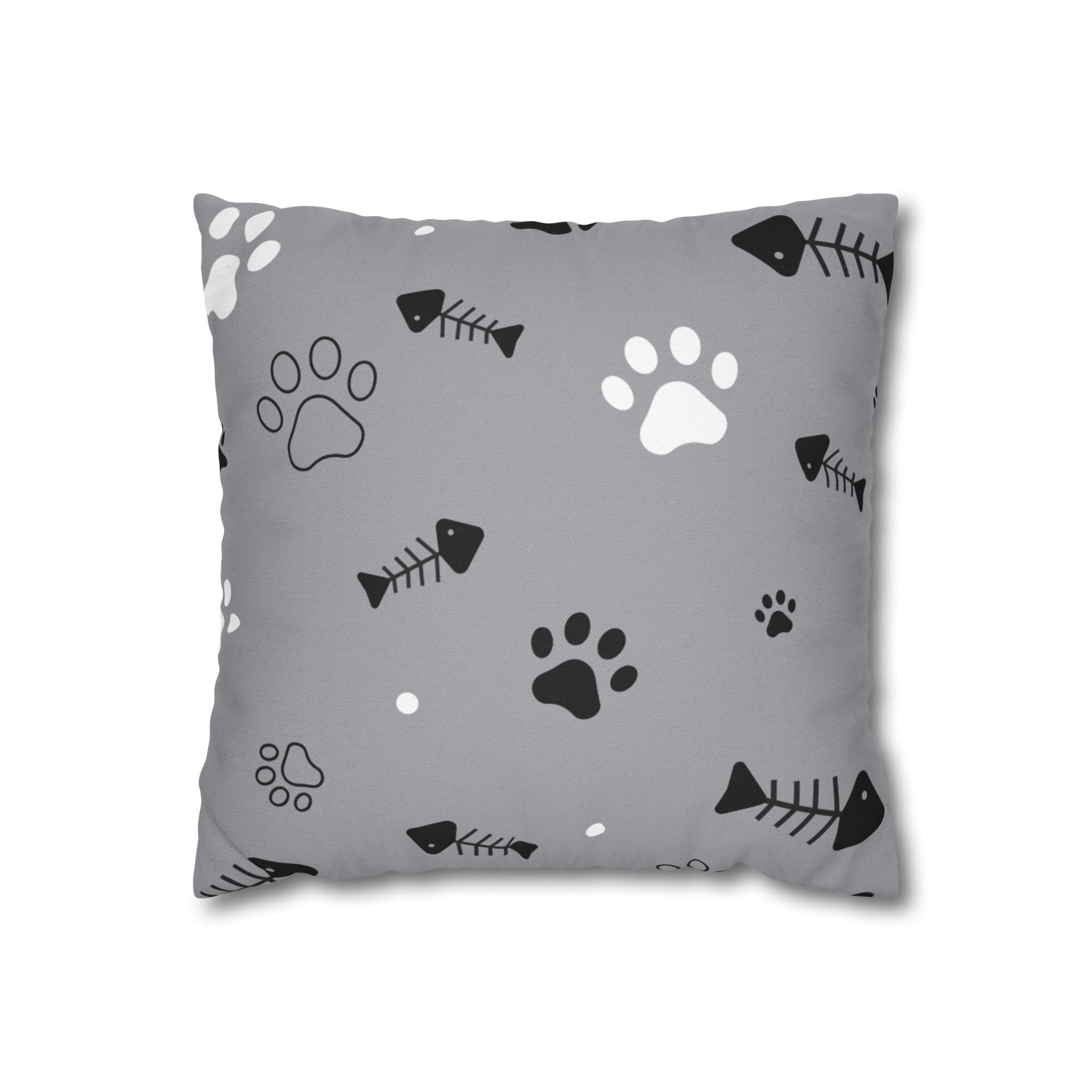 Cat Paw & Fishbone Decorative Pillowcase — Gray Throw Pillow Cover for Cat Lovers