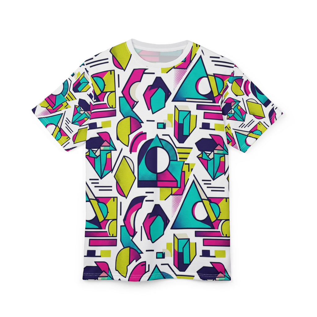 Geometric Retro Print Tee — Neon 80s All-Over Graphic T-Shirt