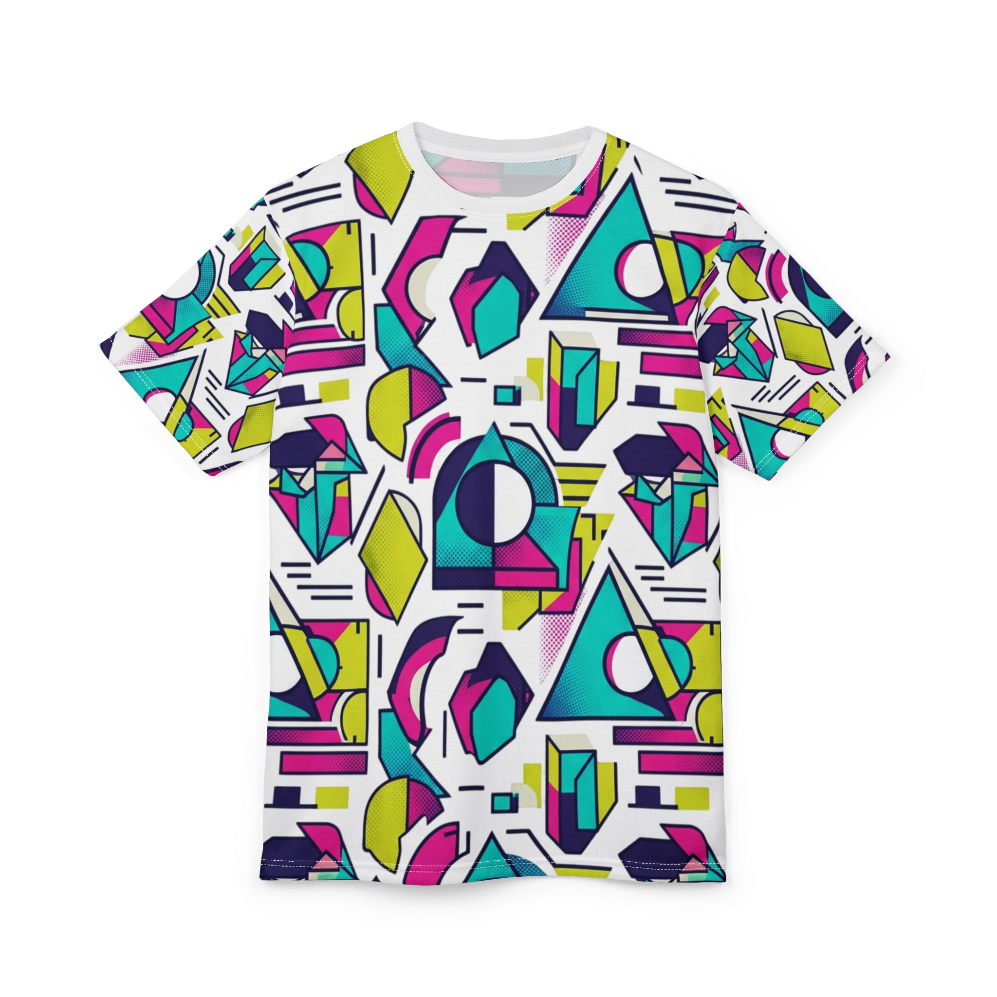 Geometric Retro Print Tee — Neon 80s All-Over Graphic T-Shirt