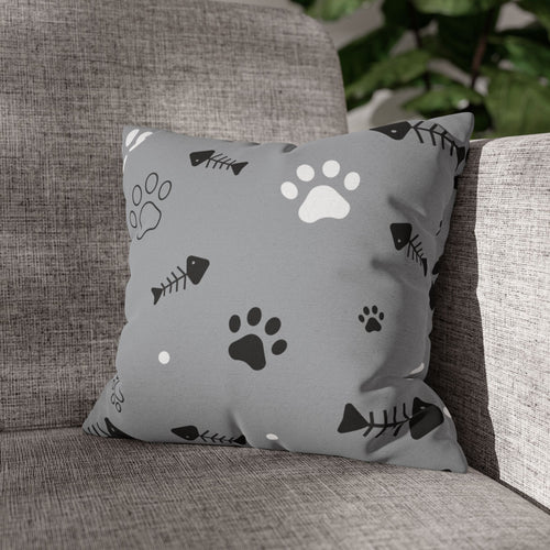 Cat Paw & Fishbone Decorative Pillowcase — Gray Throw Pillow Cover for Cat Lovers