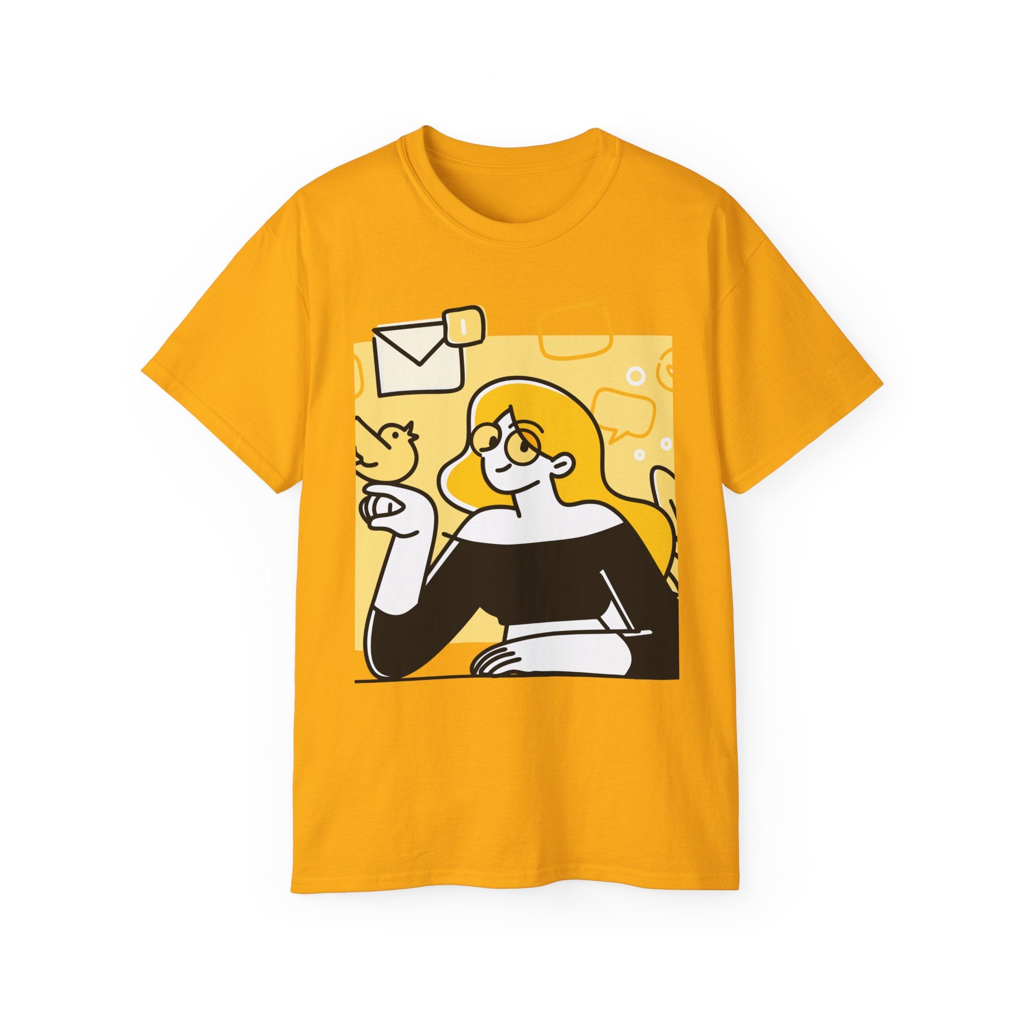 Goldbird Illustration Tee — Cute Girl with Bird Graphic Shirt