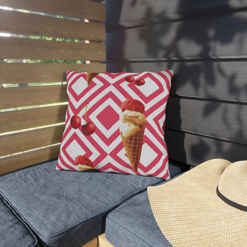 Cherry Ice Cream Cone Outdoor Pillow – Pink Geometric Summer Patio Cushion