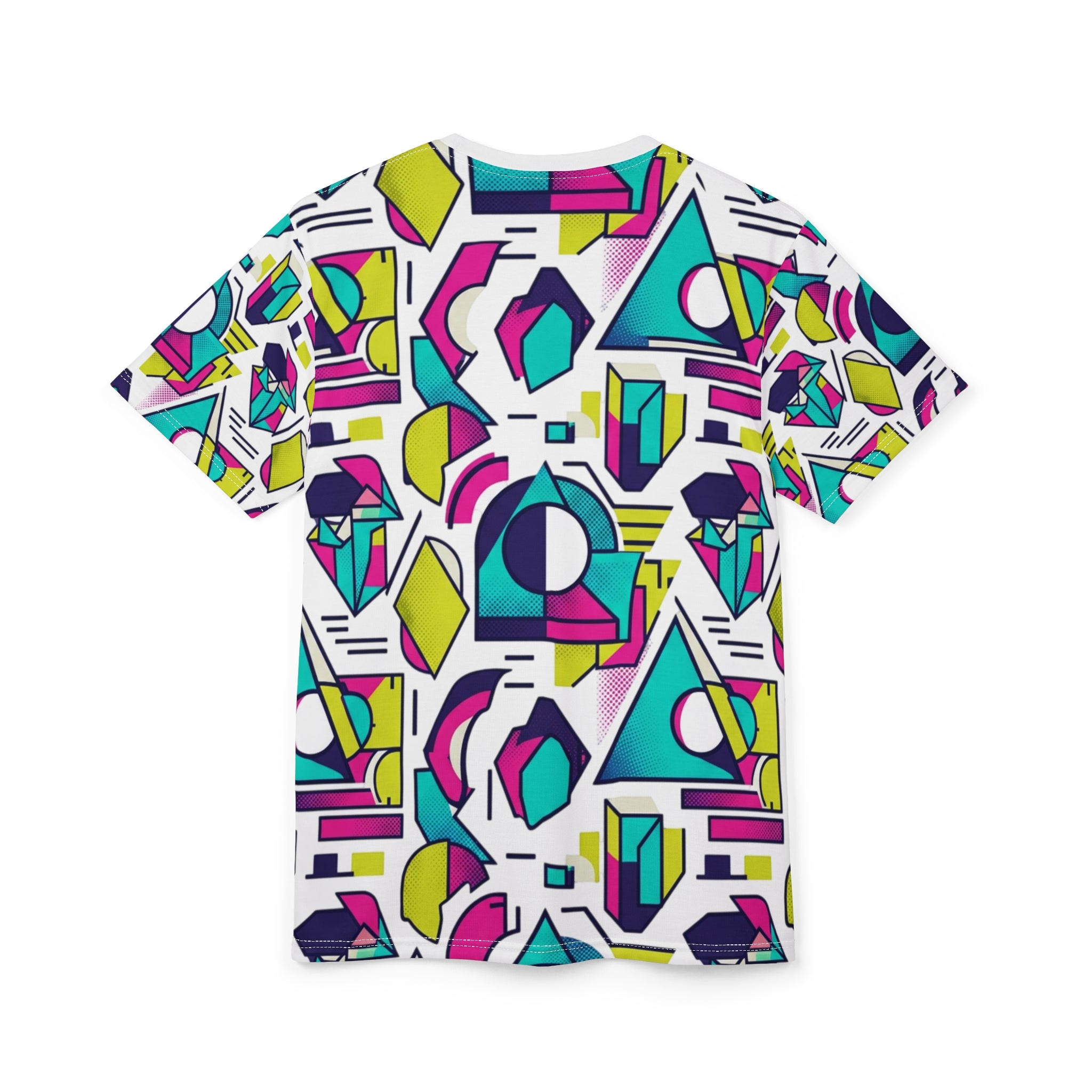 Geometric Retro Print Tee — Neon 80s All-Over Graphic T-Shirt