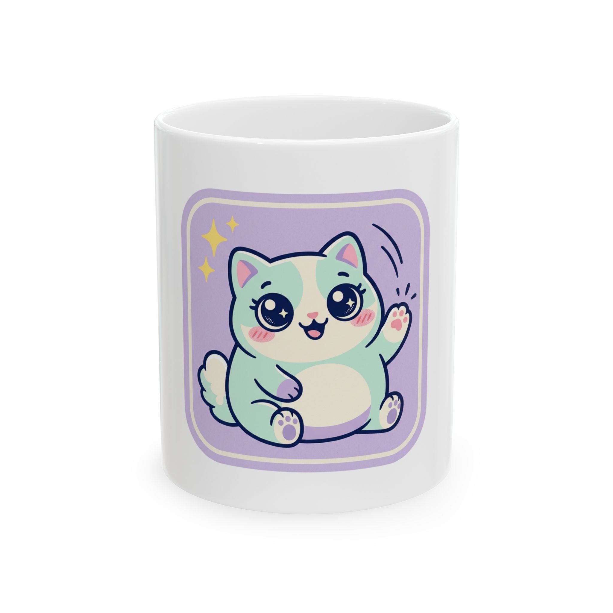 Kawaii Waving Cat mug | Cute Pastel Cat Illustration, Ceramic Coffee Mug