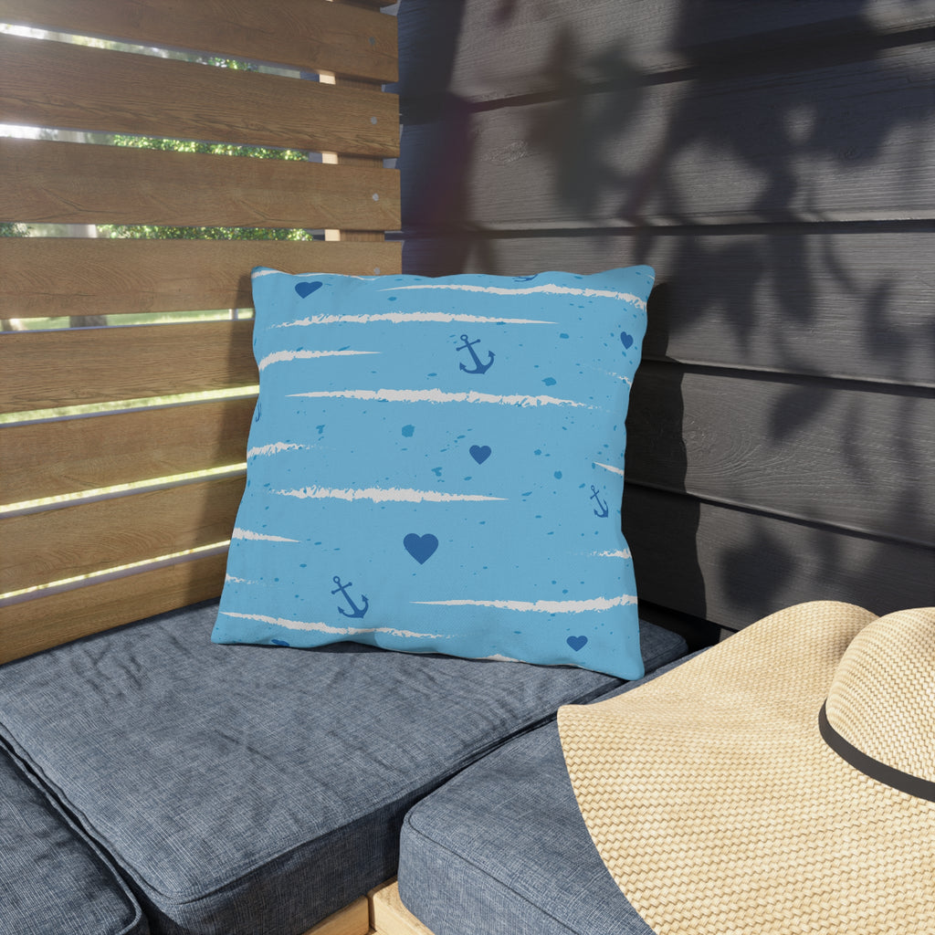 Nautical Anchor Pattern Outdoor Pillow — Blue Stripes & Hearts Patio Cushion