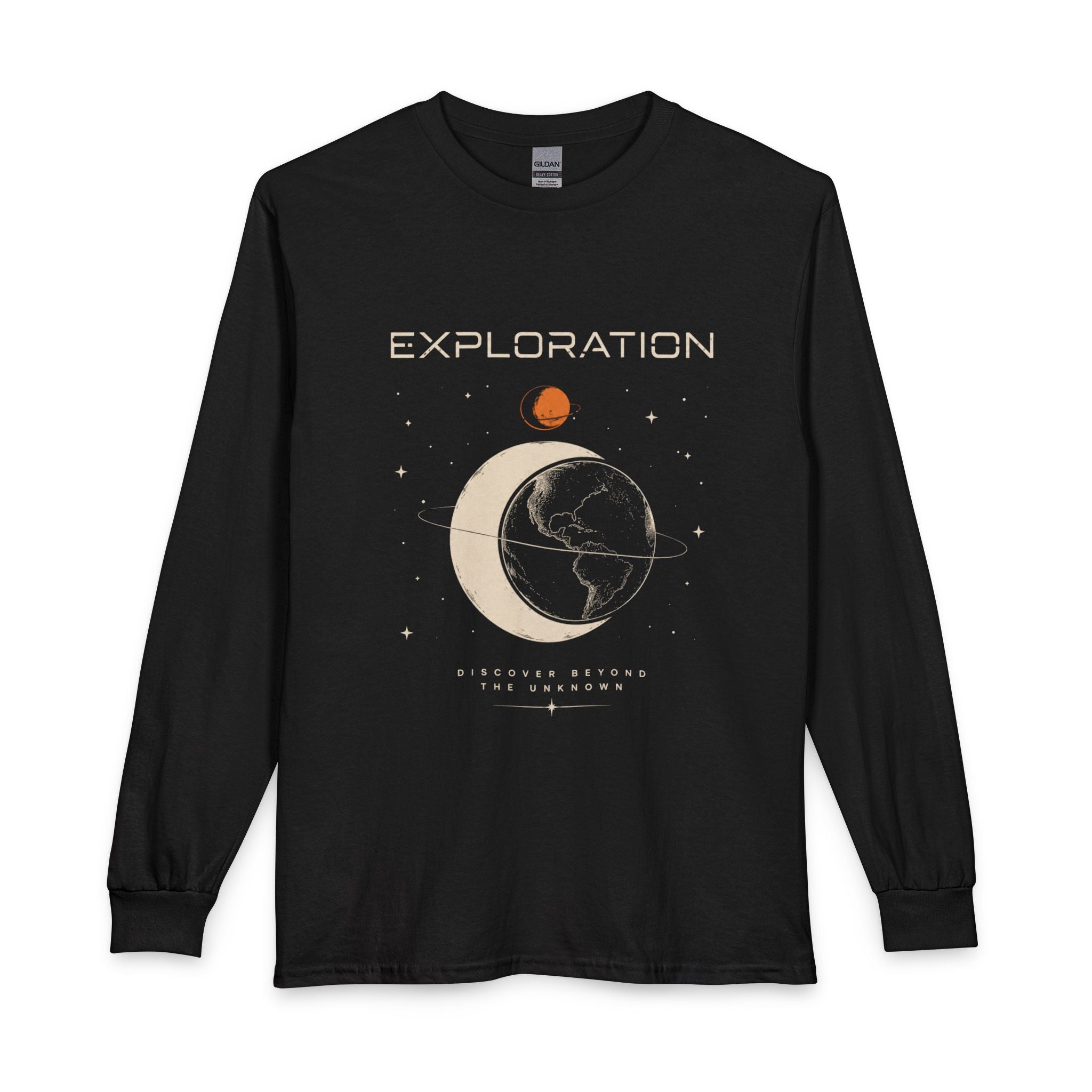 Exploration Moon & Earth Long Sleeve Tee — Retro Space Graphic