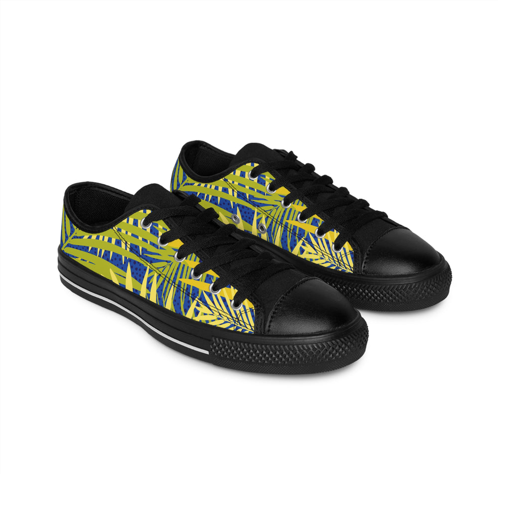 Tropical Palm Print Men's Sneakers — Yellow Blue Casual Canvas Shoes