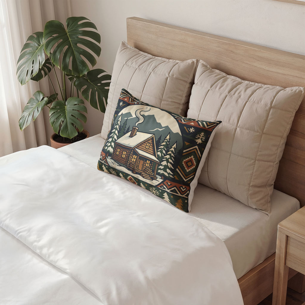 Cabin Winter Pillow Sham — Rustic Snowy Cabin Decorative Throw Cover
