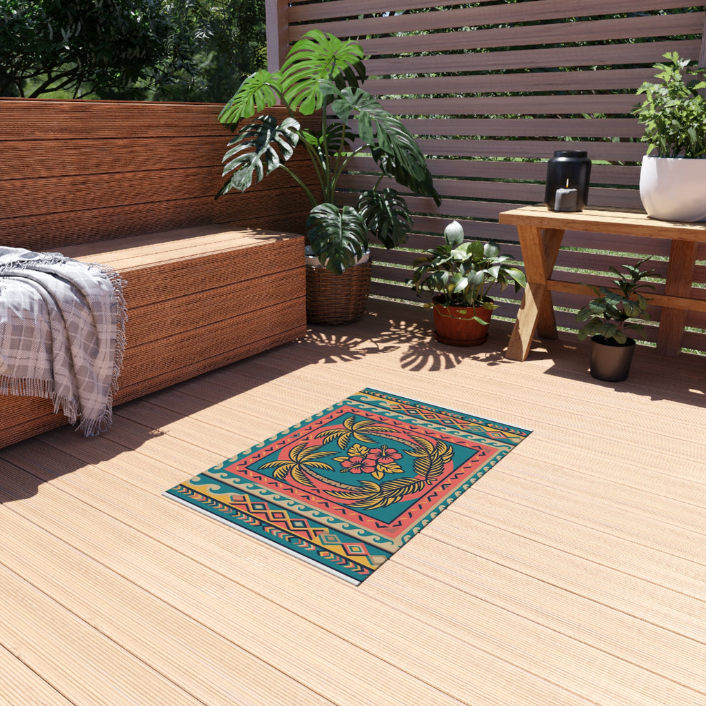 Tropical Palm Outdoor Rug — Colorful Hibiscus Patio Mat