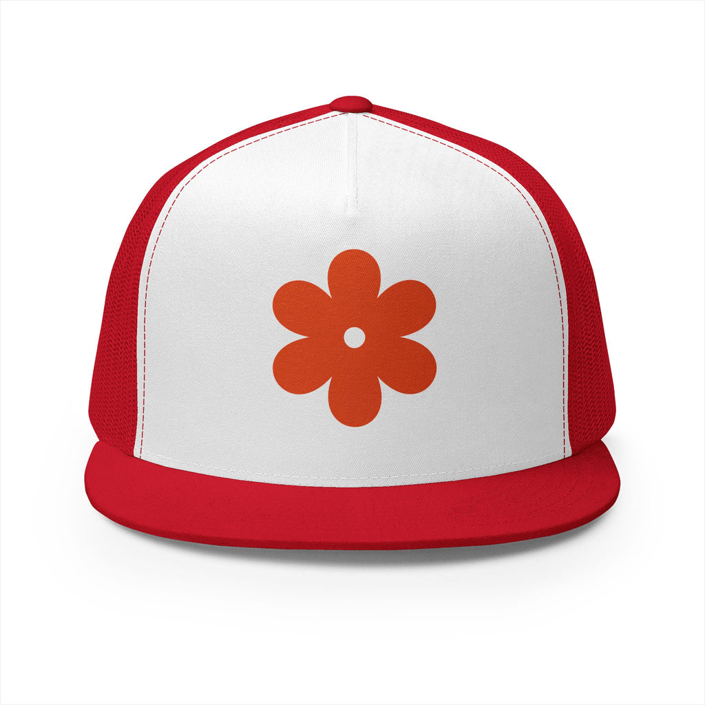 Retro Orange Flower Trucker Cap — Vintage Floral 5-Panel Hat
