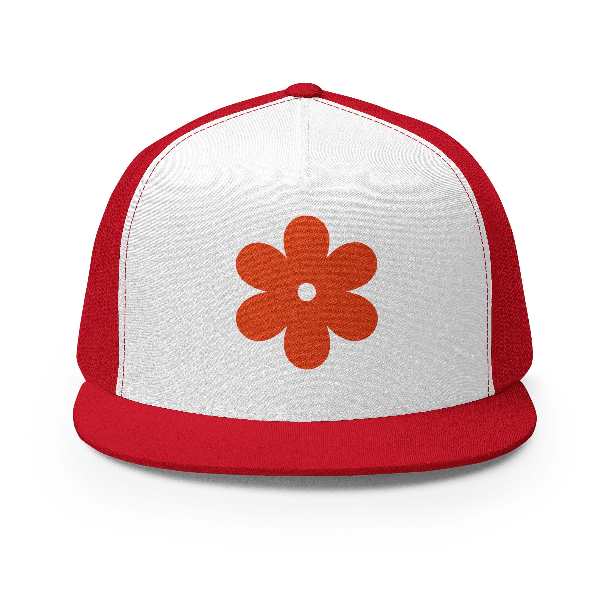 Retro Orange Flower Trucker Cap — Vintage Floral 5-Panel Hat
