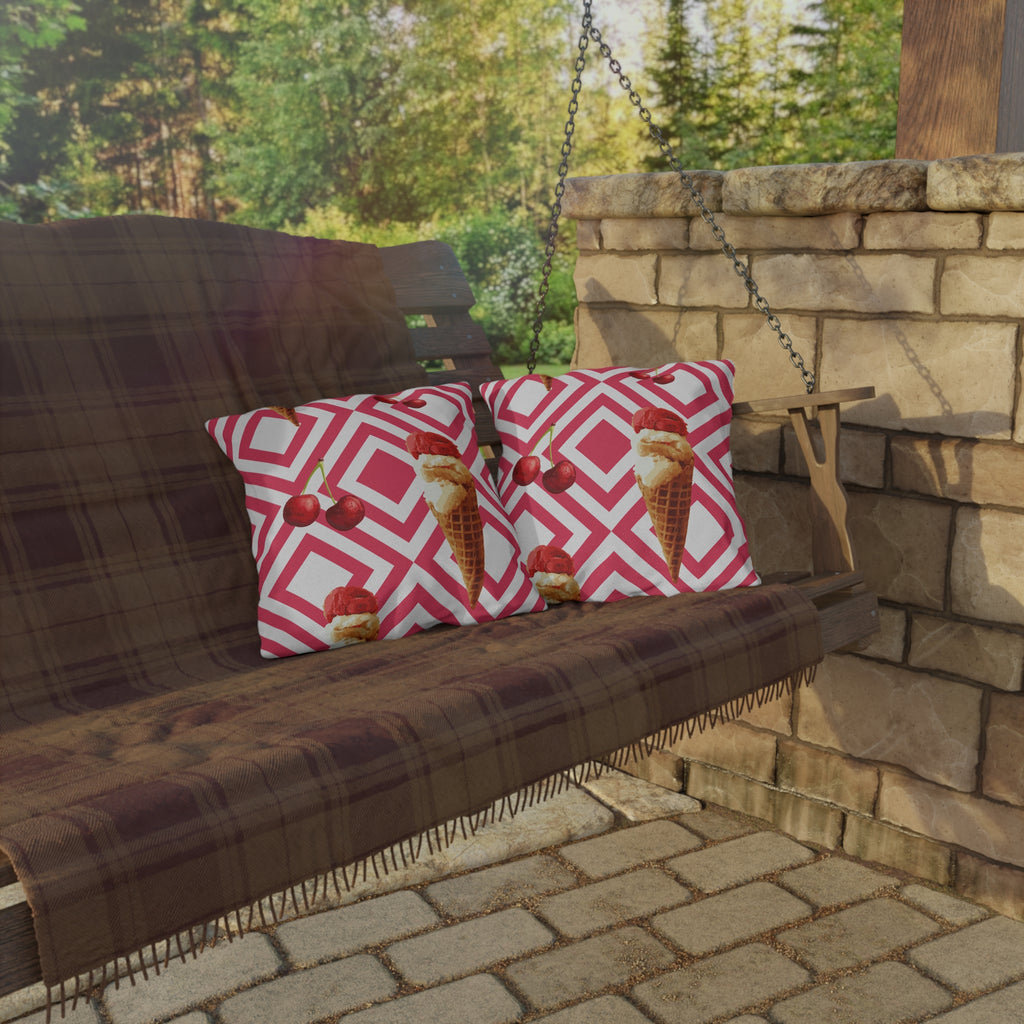Cherry Ice Cream Cone Outdoor Pillow – Pink Geometric Summer Patio Cushion