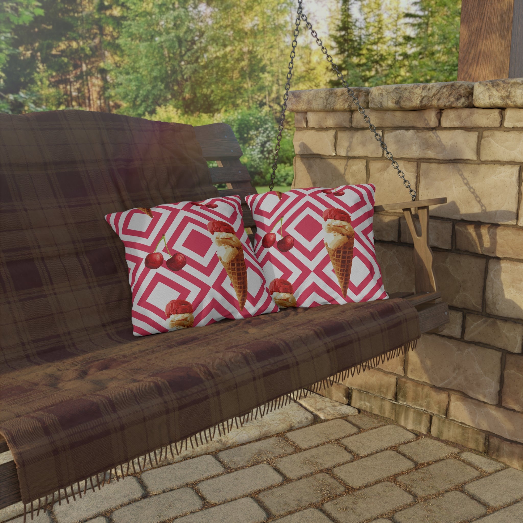 Cherry Ice Cream Cone Outdoor Pillow – Pink Geometric Summer Patio Cushion