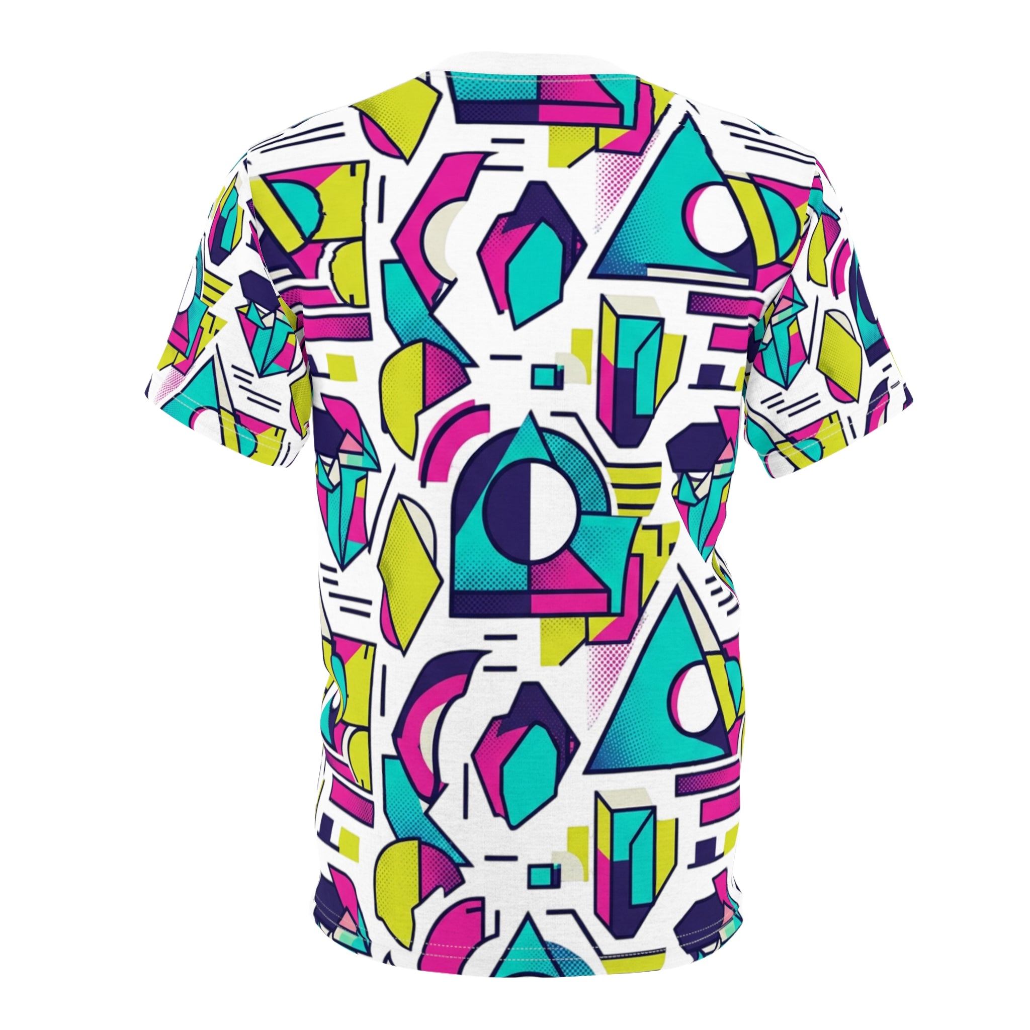 Geometric Retro Print Tee — Neon 80s All-Over Graphic T-Shirt