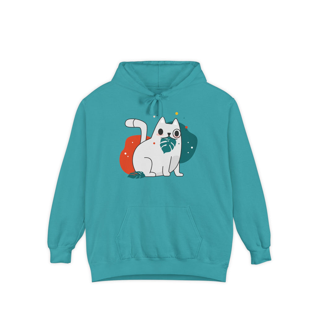 Cute Cat Graphic Hoodie — White Cat with Leaf Illustration