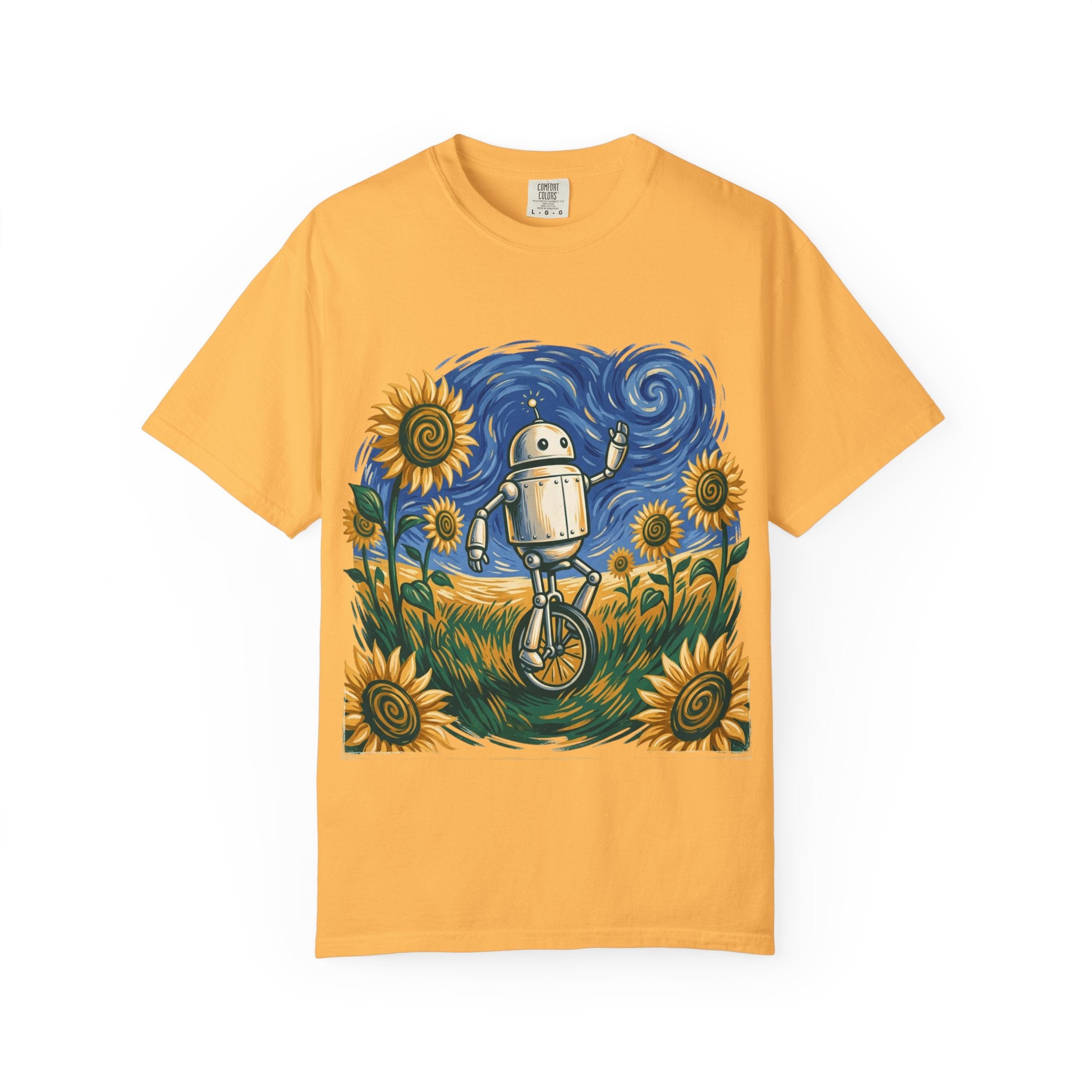Robot Riding Unicycle Through Sunflowers T-Shirt