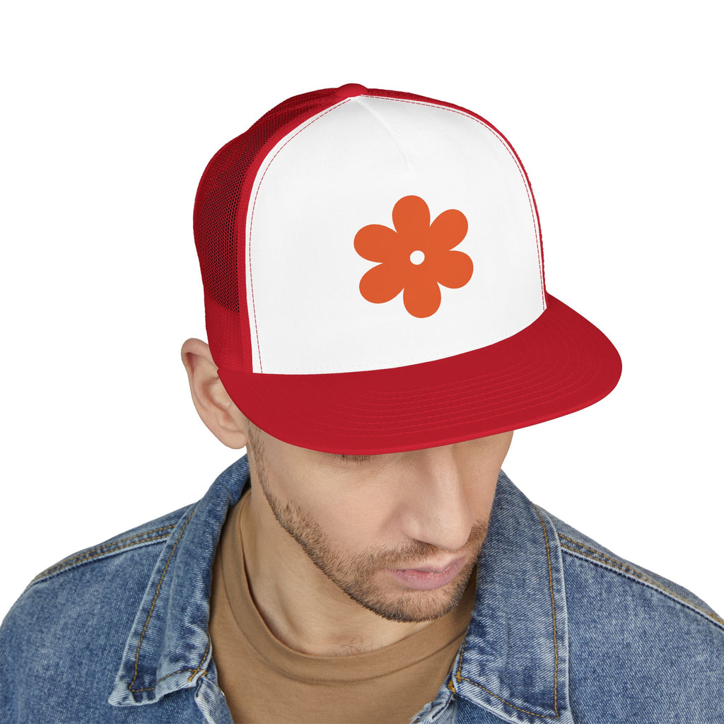 Retro Orange Flower Trucker Cap — Vintage Floral 5-Panel Hat