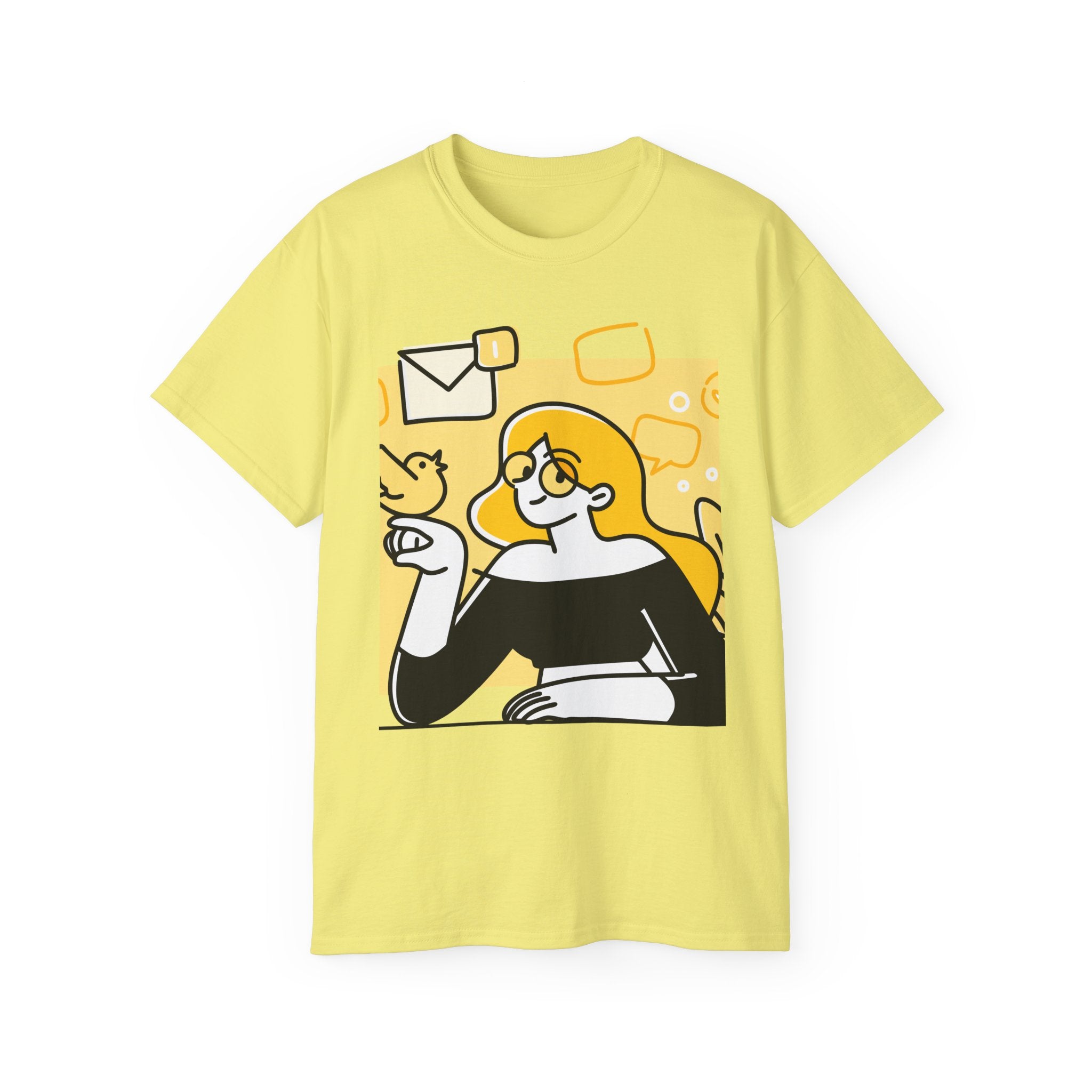 Goldbird Illustration Tee — Cute Girl with Bird Graphic Shirt
