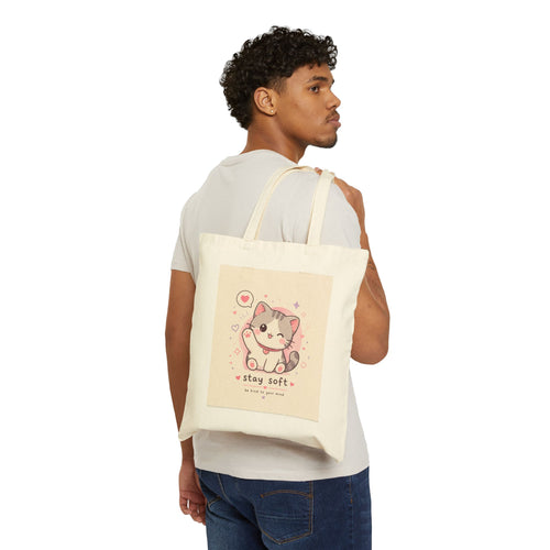 Cute Kawaii Cat 'stay soft' Tote Bag | Canvas Cat Illustration, Pastel Kitty