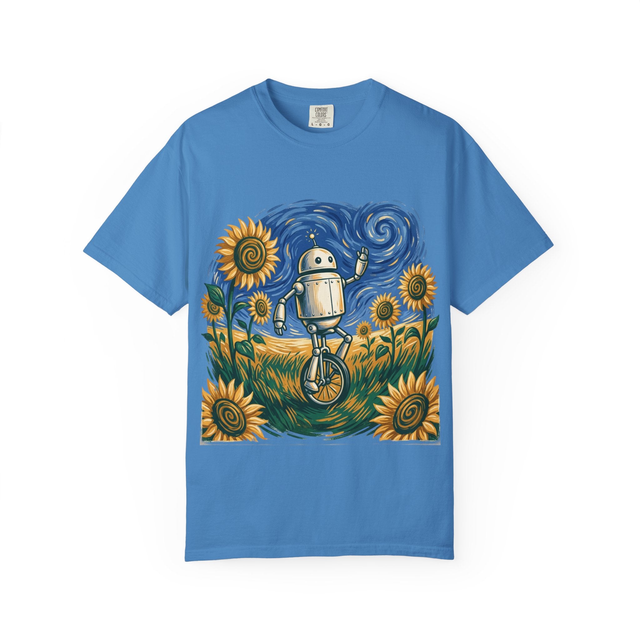 Robot Riding Unicycle Through Sunflowers T-Shirt