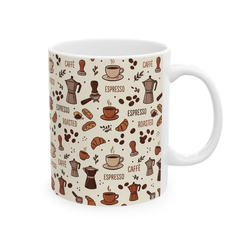 Coffee Pattern Mug — Espresso, Croissant & Roasted Beans Ceramic Coffee Cup (11oz/15oz)