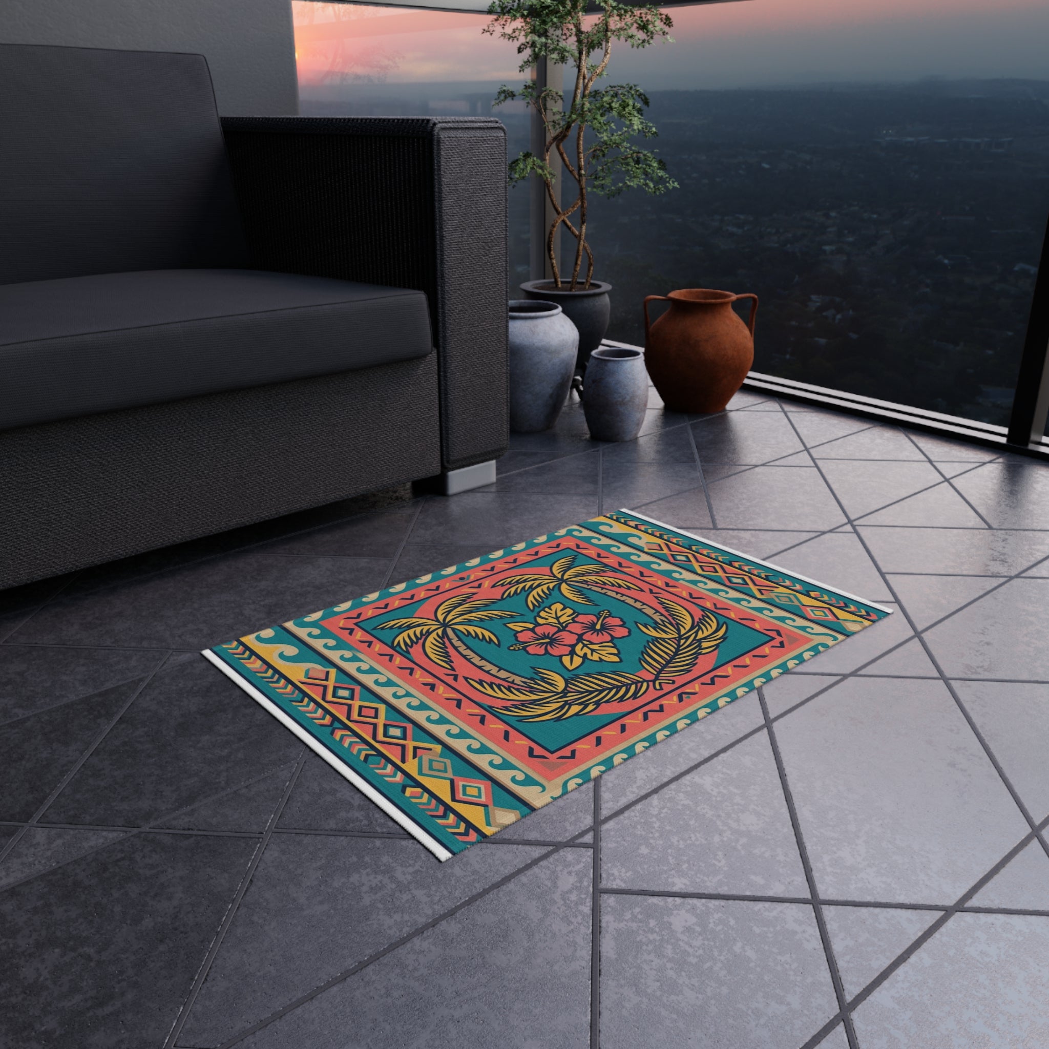 Tropical Palm Outdoor Rug — Colorful Hibiscus Patio Mat