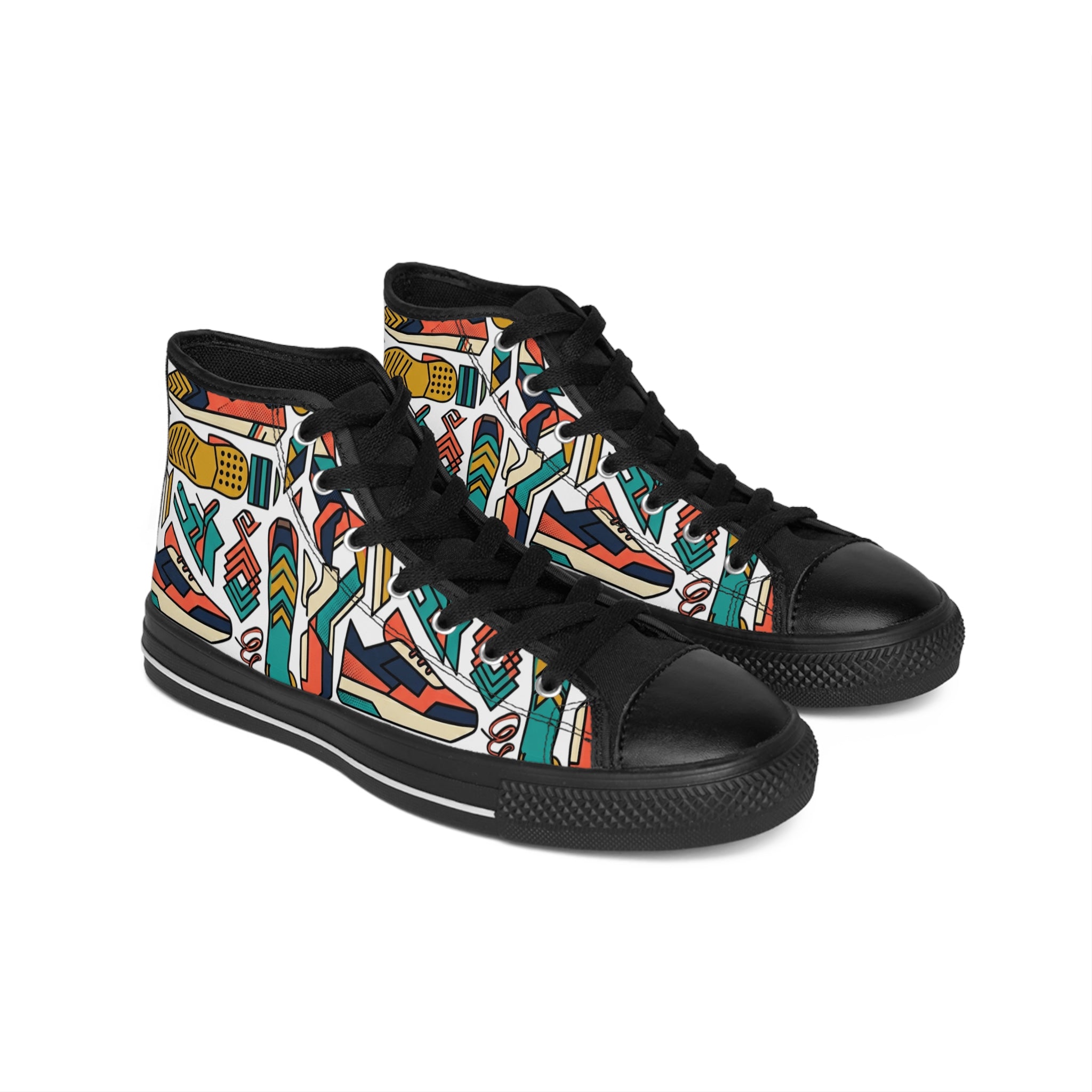 Retro Sneaker Pattern High-Top Sneakers — Colorful Athletic Shoes