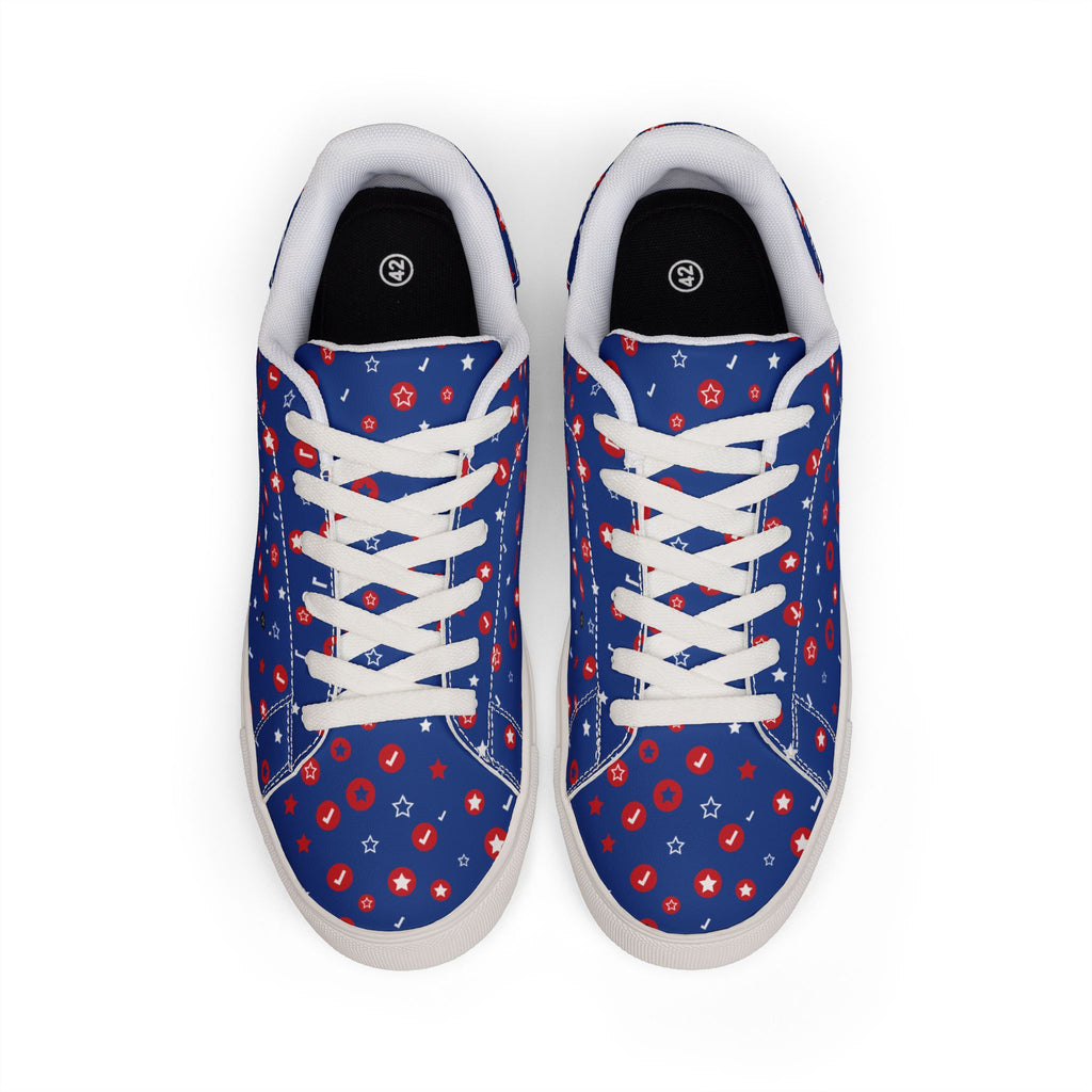 Men's Low-Top Sneakers — Navy Red Floral Pattern Leather Casual Shoes