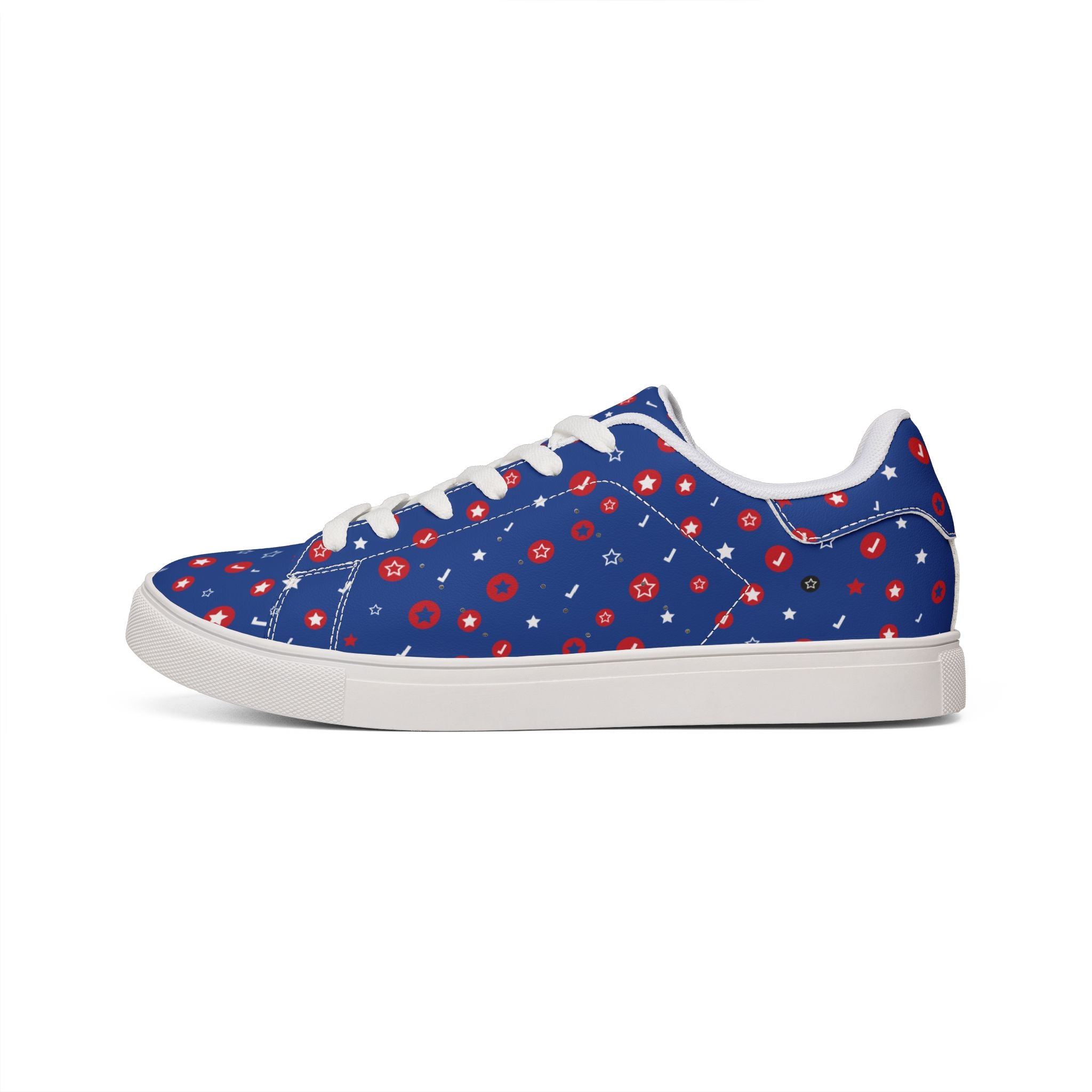 Men's Low-Top Sneakers — Navy Red Floral Pattern Leather Casual Shoes