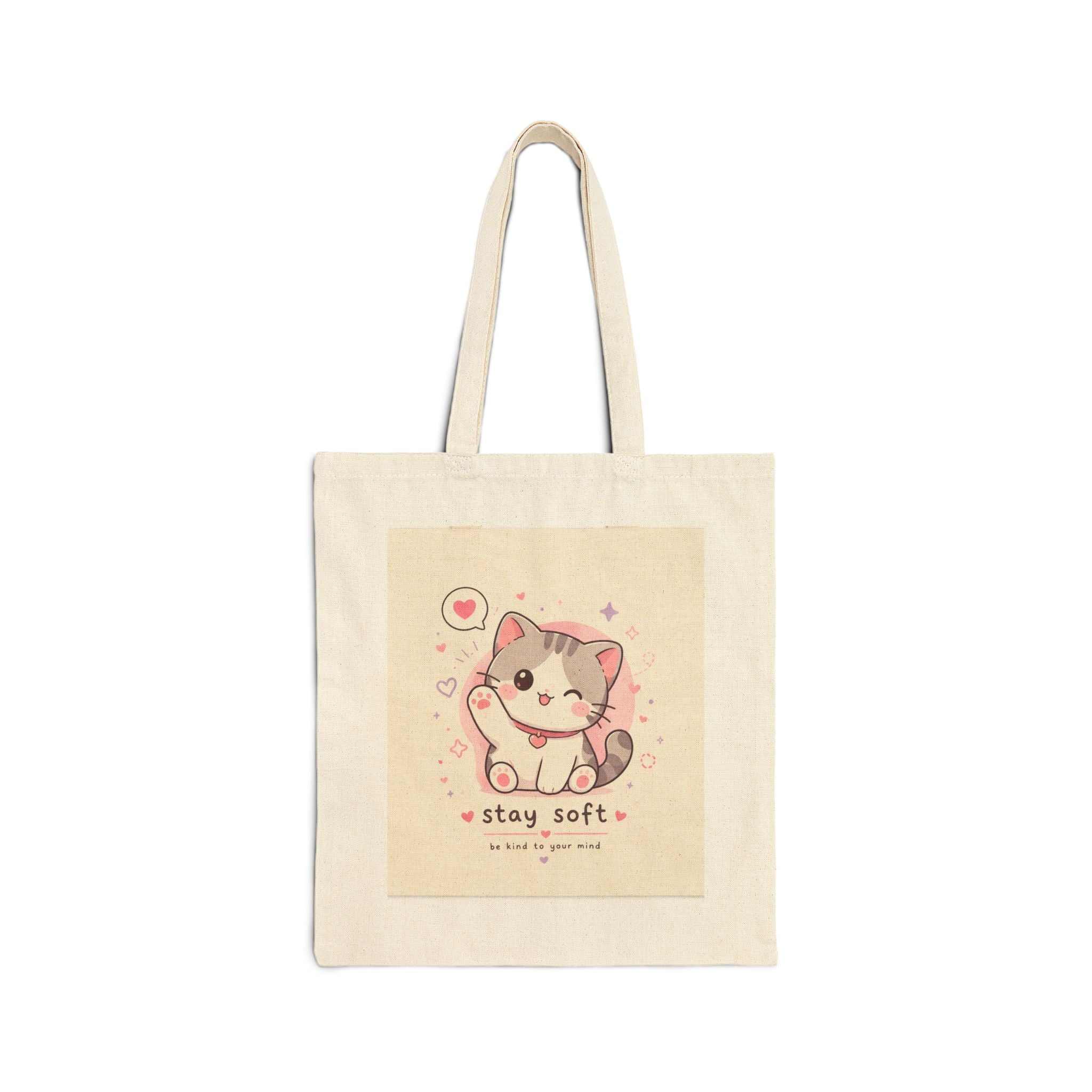 Cute Kawaii Cat 'stay soft' Tote Bag | Canvas Cat Illustration, Pastel Kitty