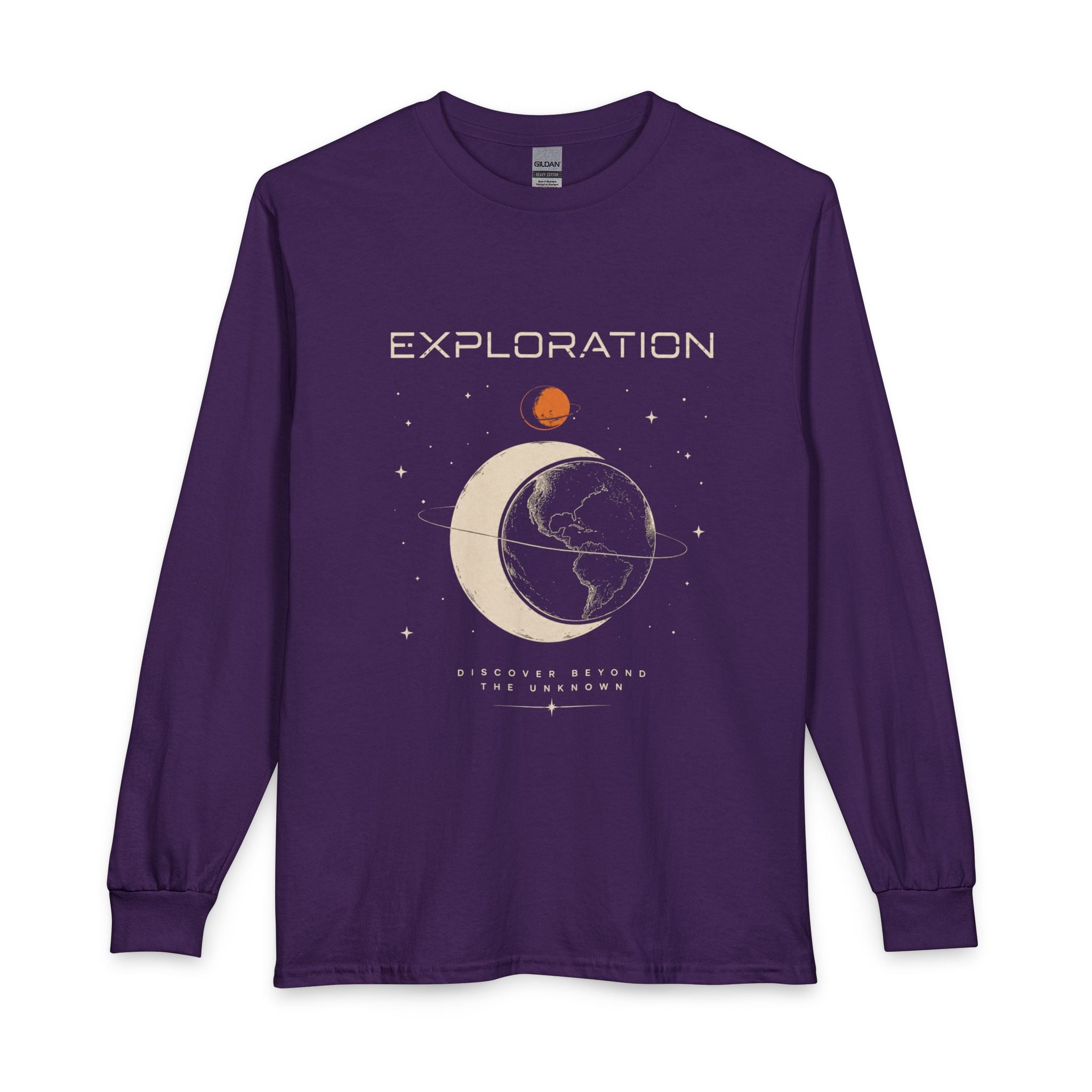 Exploration Moon & Earth Long Sleeve Tee — Retro Space Graphic
