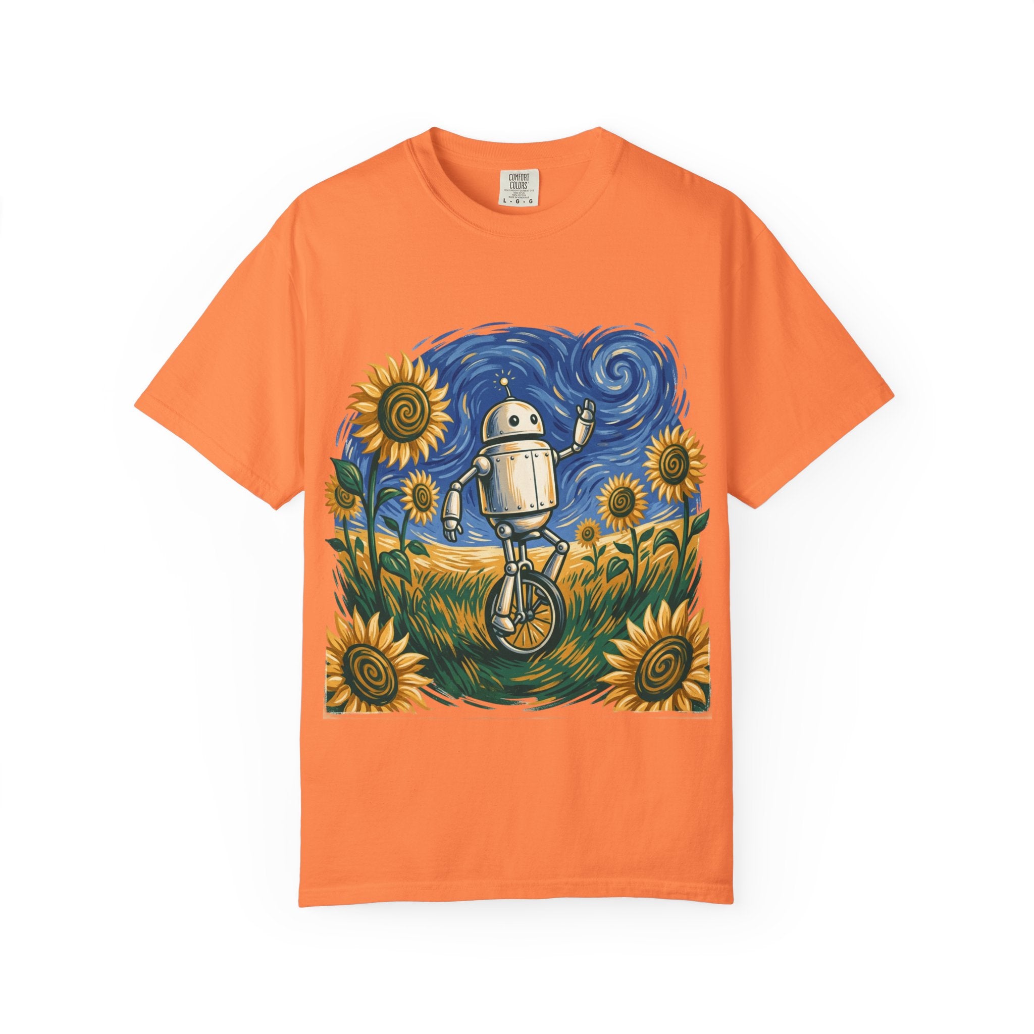 Robot Riding Unicycle Through Sunflowers T-Shirt